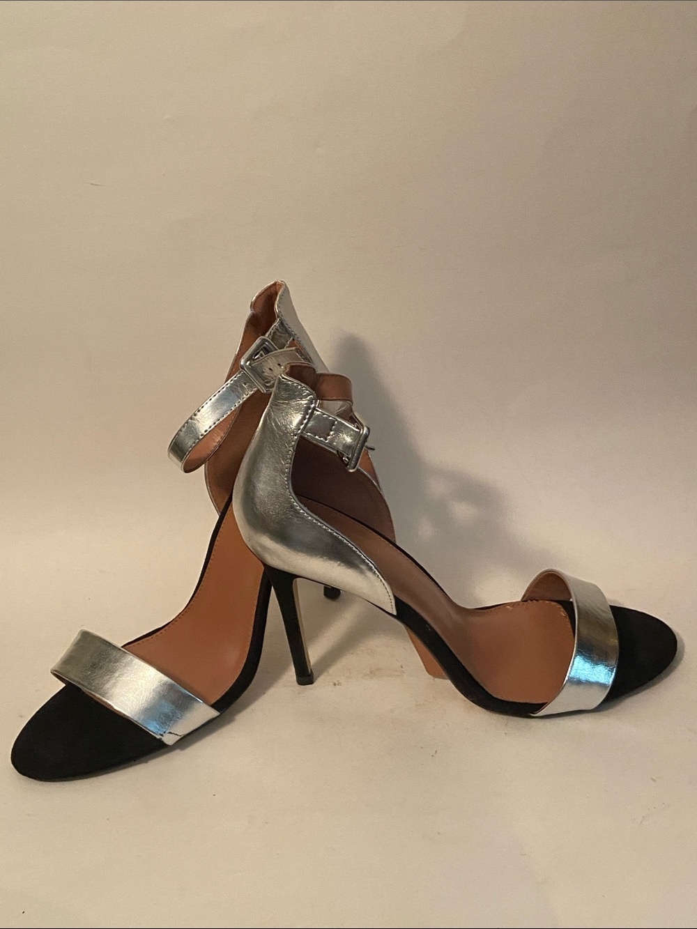 Topshop Silver and Black Open-Toe Ankle Strap Heels sz 42/11.5